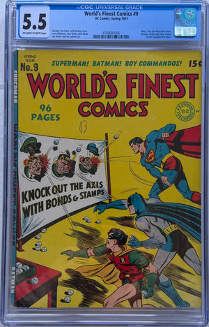 World's Finest Comics #9 CGC 5.5 Hitler, Tojo and Mussolini cover. Batman, Joker and Robin cameo