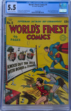 Load image into Gallery viewer, World's Finest Comics #9 CGC 5.5 Hitler, Tojo and Mussolini cover. Batman, Joker and Robin cameo

